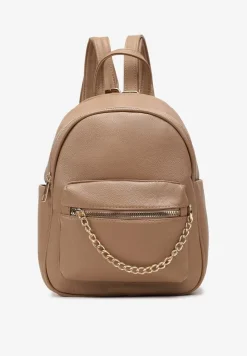Ciemnobeżowy Mały Plecak z Imitacji Skóry na Regulowanych Szelkach z Łańcuszkiem Carnissa