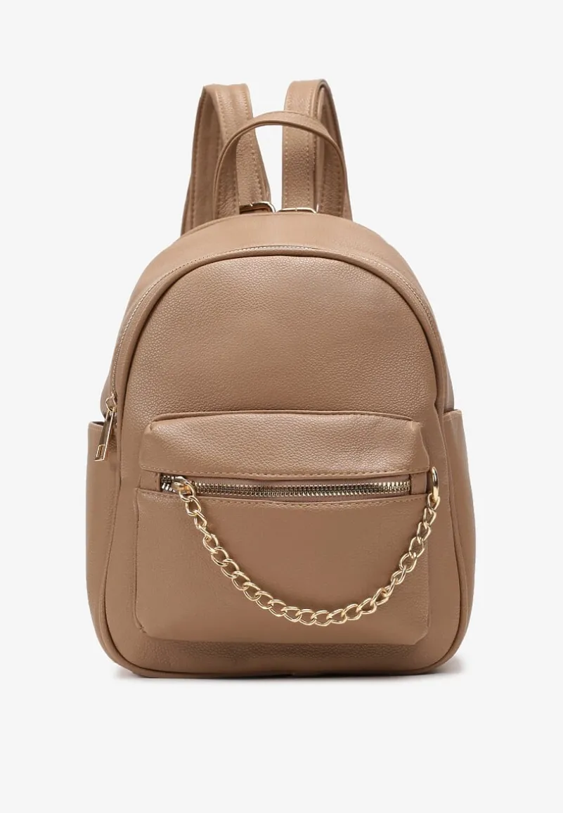 Ciemnobeżowy Mały Plecak z Imitacji Skóry na Regulowanych Szelkach z Łańcuszkiem Carnissa