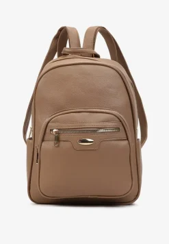 Ciemnobeżowy Plecak na Regulowanych Szelkach z Ekoskóry ze Złotymi Detalami Sanu