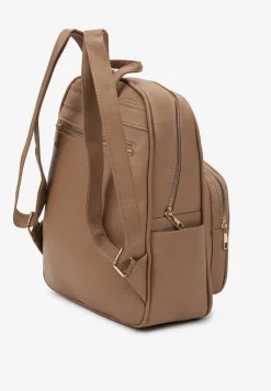 Ciemnobeżowy Plecak na Regulowanych Szelkach z Ekoskóry ze Złotymi Detalami Sanu