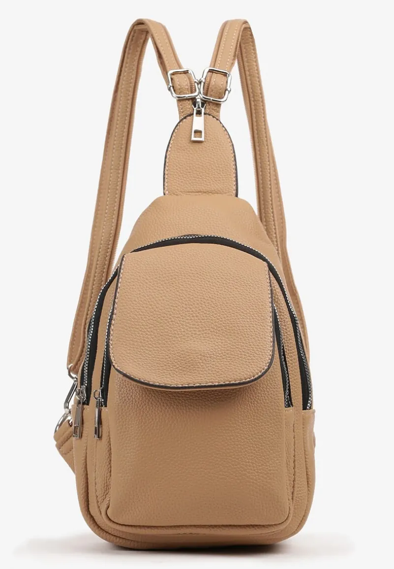 Ciemnobeżowy Plecak z Dwoma Komorami Ozdobiony Klapą Nanovela