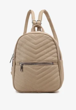 Ciemnobeżowy Plecak z Pikowanymi Przeszyciami i Dodatkową Kieszenią z Regulowanymi Szelkami Ravindraea