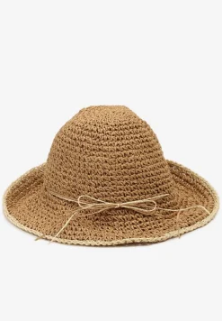 Ciemnobeżowy Pleciony Kapelusz Plażowy Ozdobiony Rzemykiem Wilhelnella