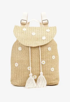 Ciemnobeżowy Pleciony Plecak z Klapą w Kwiatowy Wzór Zdobiony Frędzlami Lunalisea