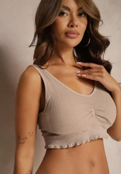 Ciemnobeżowy Sportowy Biustonosz Wykończony Marszczeniem z Wyjmowanymi Miseczkami Nevetisha