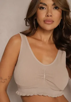 Ciemnobeżowy Sportowy Biustonosz Wykończony Marszczeniem z Wyjmowanymi Miseczkami Nevetisha