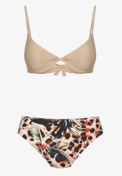 Ciemnobeżowy Strój Kąpielowy Bikini z Usztywnionym Biustonoszem i Wzorzystymi Figami Pialette