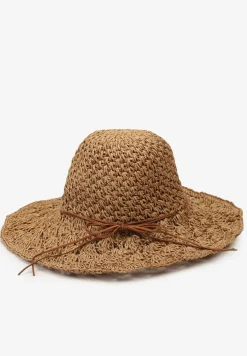 Ciemnobeżowy Szeroki Casualowy Kapelusz z Plecionki Ozdobiony Sznurkiem Nohsi