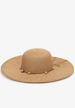 Ciemnobeżowy Szeroki Kapelusz Pleciony ze Sznurkiem z Kamyczkami Chira