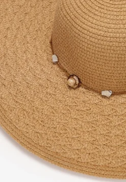 Ciemnobeżowy Szeroki Kapelusz Pleciony ze Sznurkiem z Kamyczkami Chira