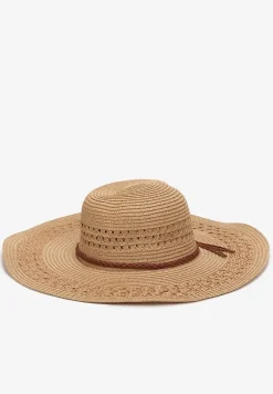Ciemnobeżowy Szeroki Kapelusz z Plecionki z Dodatkowymi Rzemykami Dorinemia