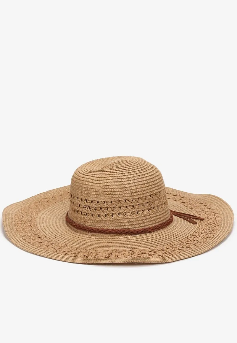 Ciemnobeżowy Szeroki Kapelusz z Plecionki z Dodatkowymi Rzemykami Dorinemia