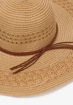 Ciemnobeżowy Szeroki Kapelusz z Plecionki z Dodatkowymi Rzemykami Dorinemia
