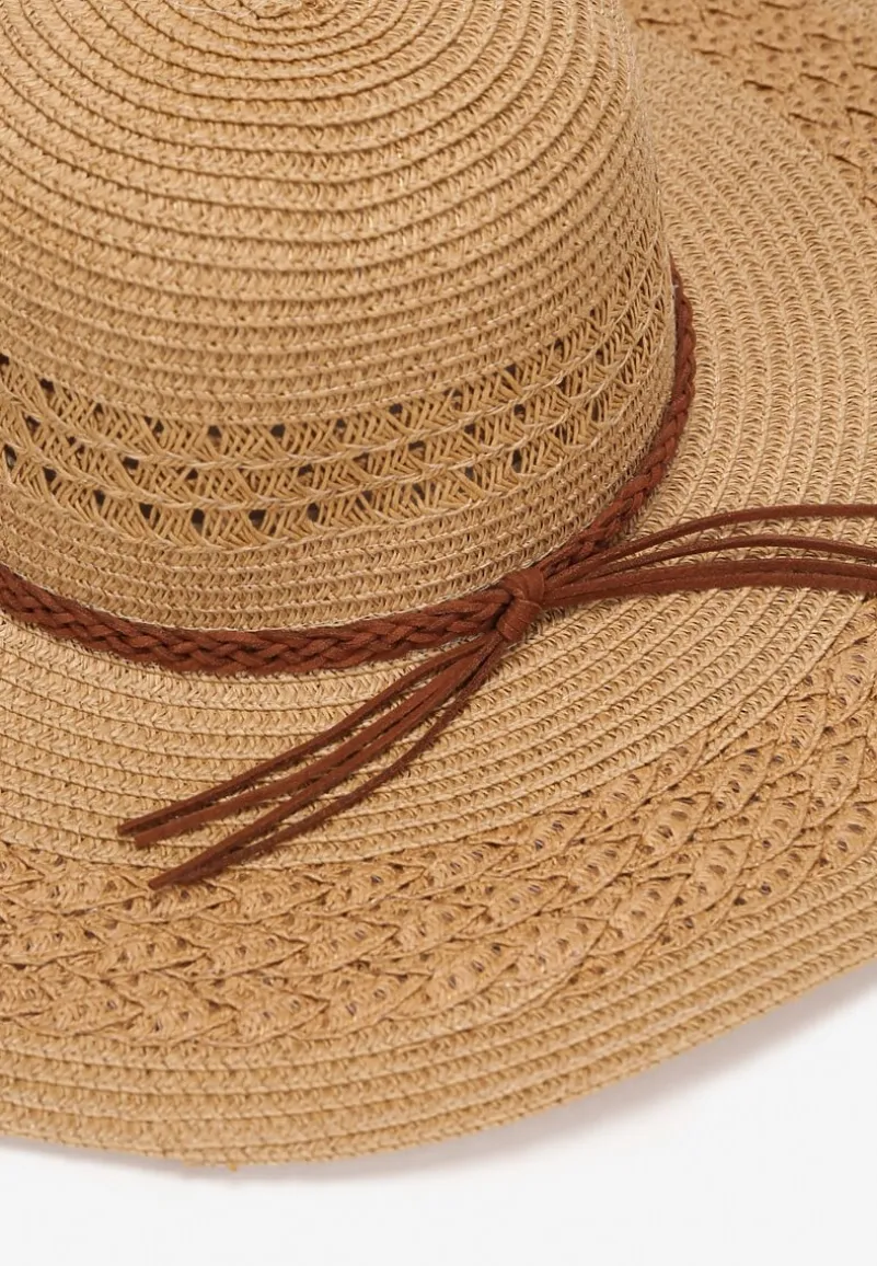 Ciemnobeżowy Szeroki Kapelusz z Plecionki z Dodatkowymi Rzemykami Dorinemia