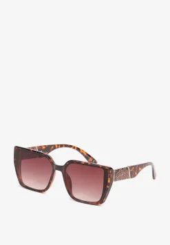 Ciemnobrązowe Okulary Przeciwsłoneczne z Szerokimi Oprawkami i Metalicznym Zdobieniem Sollange