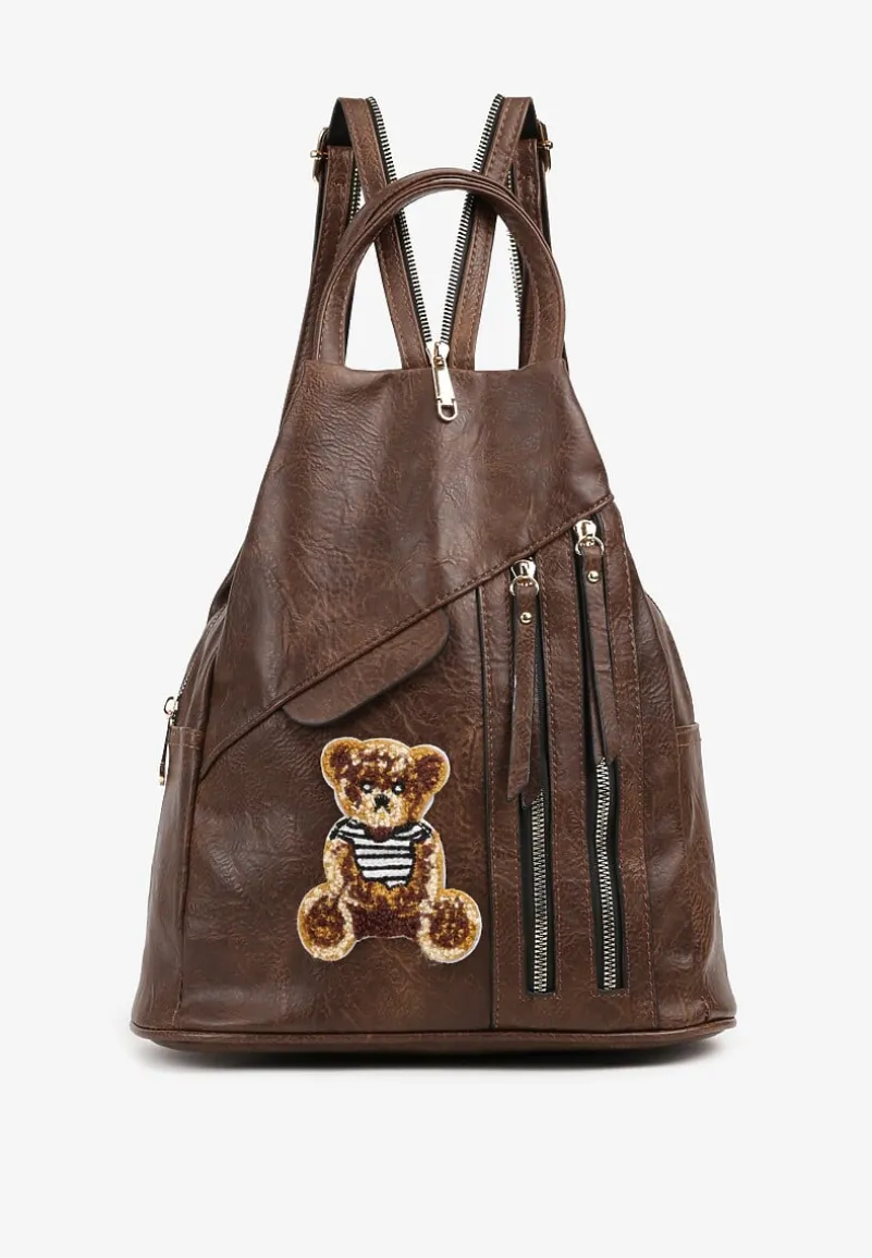 Ciemnobrązowy Plecak Zdobiony Naszywką z Misiem Tobiola