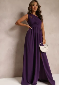 Ciemnofioletowa Asymetryczna Sukienka Na Jedno Ramię z Rozcięciem na Dole Xionia