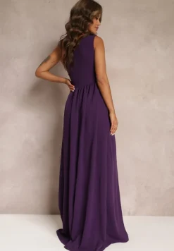 Ciemnofioletowa Asymetryczna Sukienka Na Jedno Ramię z Rozcięciem na Dole Xionia