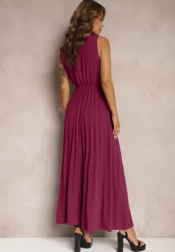 Ciemnofioletowa Koktajlowa Sukienka Plisowana z Kwiatową Broszką Paskiem i Gumką w Talii Viknna