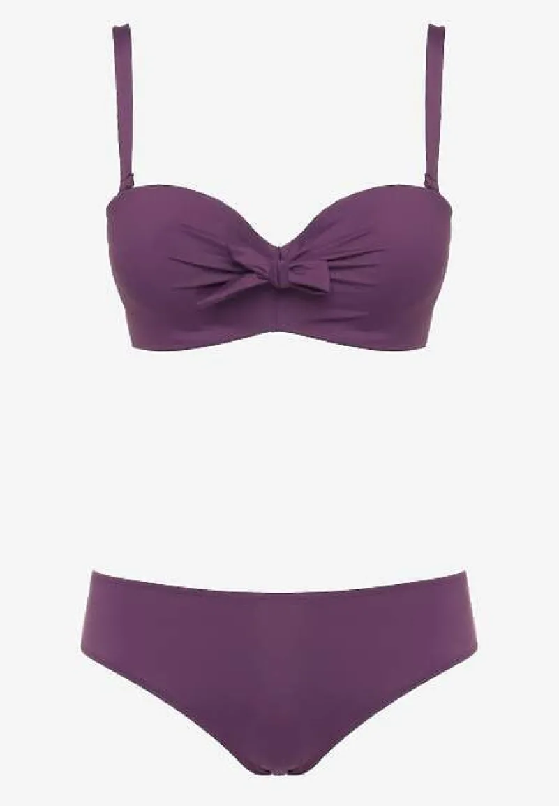 Ciemnofioletowe Bikini Strój Kąpielowy Dwuczęściowy z Ozdobnym Marszczeniem Nariella