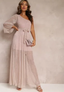 Ciemnoróżowa Asymetryczna Sukienka Maxi z Gumką i Wiązanym Paskiem w Talii Saminta