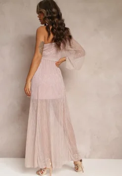 Ciemnoróżowa Asymetryczna Sukienka Maxi z Gumką i Wiązanym Paskiem w Talii Saminta