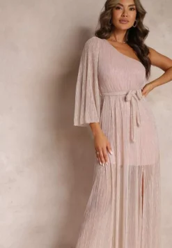 Ciemnoróżowa Asymetryczna Sukienka Maxi z Gumką i Wiązanym Paskiem w Talii Saminta