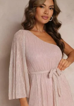 Ciemnoróżowa Asymetryczna Sukienka Maxi z Gumką i Wiązanym Paskiem w Talii Saminta