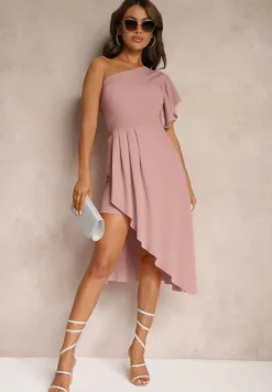 Ciemnoróżowa Asymetryczna Sukienka Wieczorowa na Jedno Ramię Ozdobiona Falbankami Vimasira