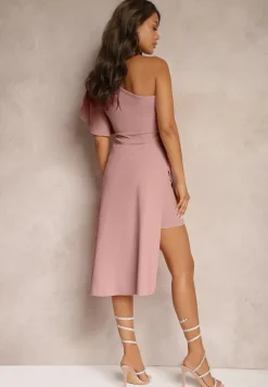 Ciemnoróżowa Asymetryczna Sukienka Wieczorowa na Jedno Ramię Ozdobiona Falbankami Vimasira