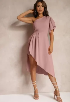 Ciemnoróżowa Asymetryczna Sukienka Wieczorowa na Jedno Ramię Ozdobiona Falbankami Vimasira