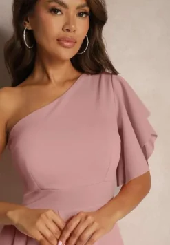 Ciemnoróżowa Asymetryczna Sukienka Wieczorowa na Jedno Ramię Ozdobiona Falbankami Vimasira