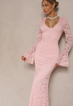 Ciemnoróżowa Dopasowana Sukienka Zdobiona Koronką z Rozszerzanym Dołem Hannalis