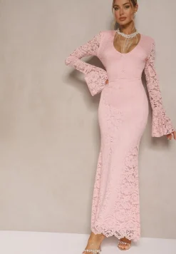 Ciemnoróżowa Dopasowana Sukienka Zdobiona Koronką z Rozszerzanym Dołem Hannalis