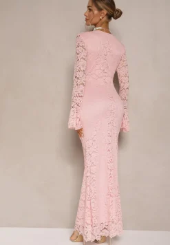 Ciemnoróżowa Dopasowana Sukienka Zdobiona Koronką z Rozszerzanym Dołem Hannalis