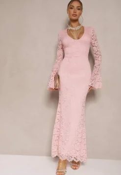 Ciemnoróżowa Dopasowana Sukienka Zdobiona Koronką z Rozszerzanym Dołem Hannalis