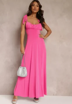 Ciemnoróżowa Długa Sukienka z Marszczonym Dekoltem i Wiązanymi Ramiączkami Rozvita