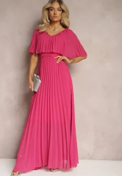 Ciemnoróżowa Plisowana Sukienka z Gumką w Pasie z Falbaną Przy Dekolcie Drenia