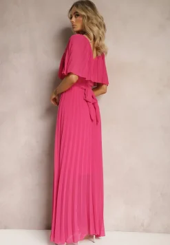 Ciemnoróżowa Plisowana Sukienka z Gumką w Pasie z Falbaną Przy Dekolcie Drenia