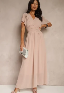 Ciemnoróżowa Rozkloszowana Sukienka z Kopertowym Dekoltem Obillis