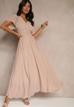 Ciemnoróżowa Rozkloszowana Sukienka z Kopertowym Dekoltem Obillis