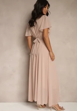 Ciemnoróżowa Rozkloszowana Sukienka z Kopertowym Dekoltem Obillis