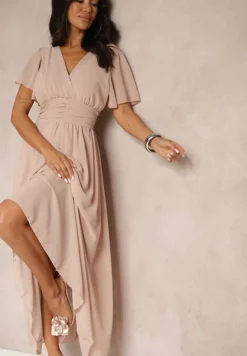 Ciemnoróżowa Rozkloszowana Sukienka z Kopertowym Dekoltem Obillis