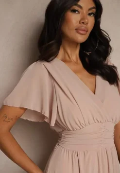 Ciemnoróżowa Rozkloszowana Sukienka z Kopertowym Dekoltem Obillis