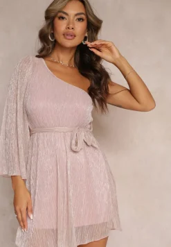 Ciemnoróżowa Rozkloszowana Sukienka na Jedno Ramię z Metaliczną Nitką i Wiązanym Paskiem Dionthea