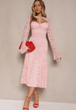 Ciemnoróżowa Rozkloszowana Sukienka z Koronki z Dodatkowym Bolerkiem Gonavora