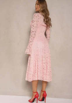 Ciemnoróżowa Rozkloszowana Sukienka z Koronki z Dodatkowym Bolerkiem Gonavora