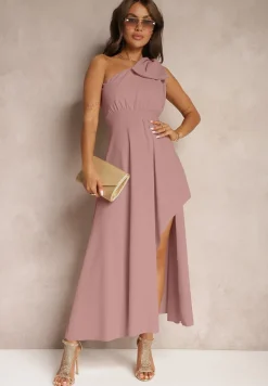 Ciemnoróżowa Sukienka Koktajlowa o Asymetrycznym Kroju na Jedno Ramię Ozdobiona Kokardą Vimorissa