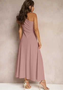 Ciemnoróżowa Sukienka Koktajlowa o Asymetrycznym Kroju na Jedno Ramię Ozdobiona Kokardą Vimorissa