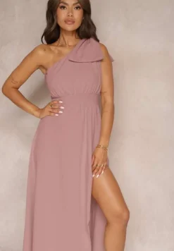 Ciemnoróżowa Sukienka Koktajlowa o Asymetrycznym Kroju na Jedno Ramię Ozdobiona Kokardą Vimorissa